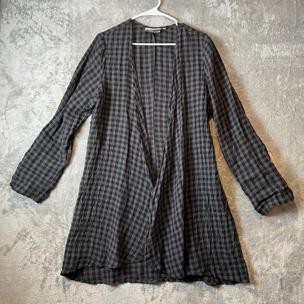Goddess Gear Organic Linen Cardigan Black Charcoal Check Medium‎ lagenlook
